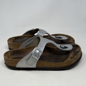 Birkenstock Gizeh Sandals Womens 7 EU 38 Silver Leather Thong Comfort Casual